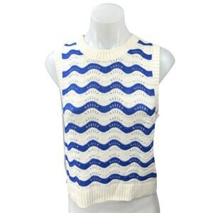 H&M Divided White Blue Pointelle Knit Crochet Striped Sweater Vest Tank Top Sz M